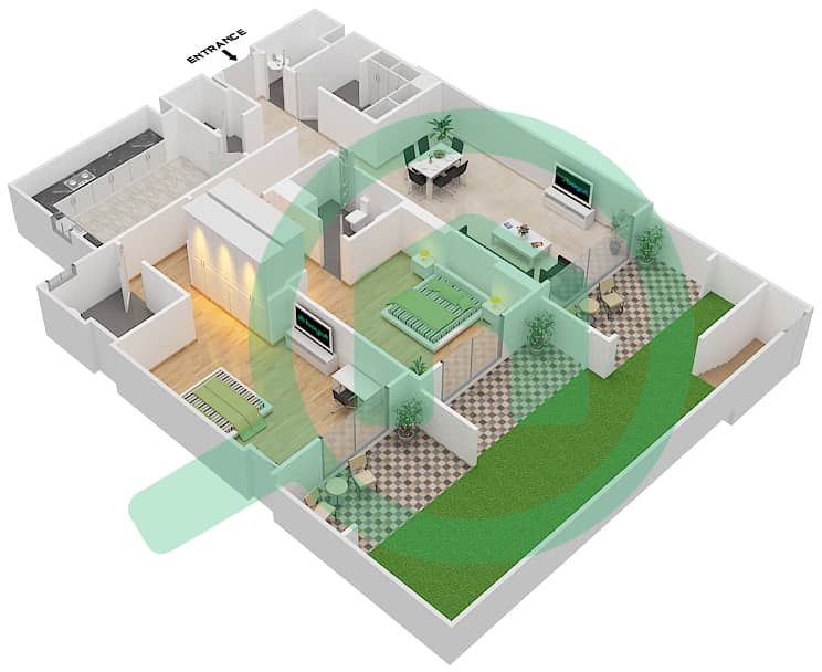 المخططات الطابقية لتصميم الوحدة 9 A شقة 2 غرفة نوم - جناين أفينيو Ground Floor interactive3D