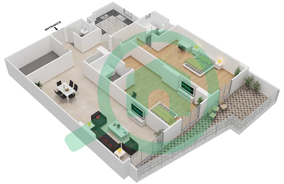 Джанаен Авеню - Апартамент 2 Cпальни планировка Единица измерения 406 H Floor 4 interactive3D