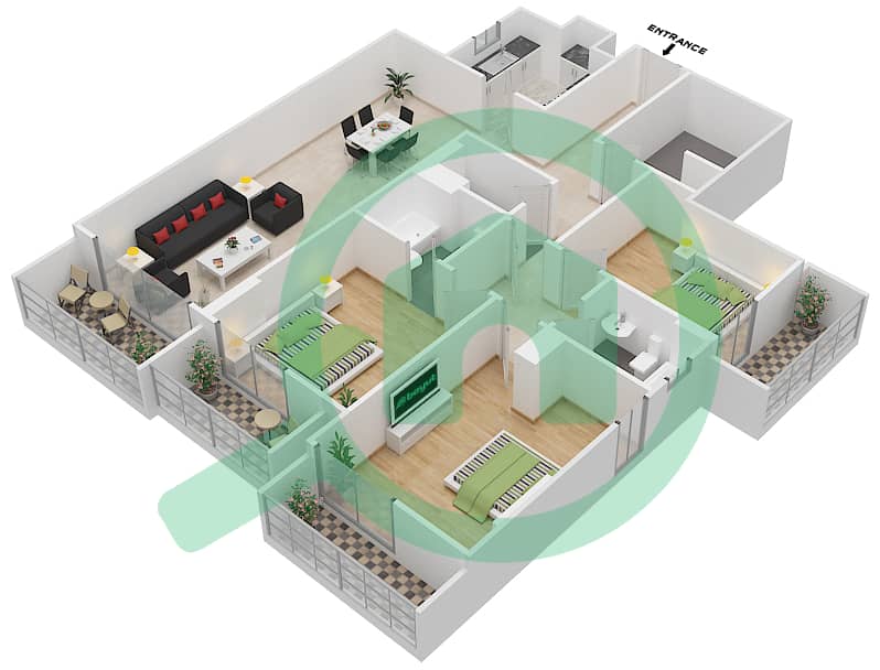 المخططات الطابقية لتصميم الوحدة 405 H شقة 3 غرف نوم - جناين أفينيو Floor 4 interactive3D