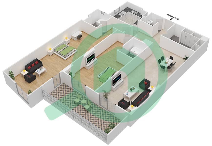 المخططات الطابقية لتصميم الوحدة 404 H شقة 2 غرفة نوم - جناين أفينيو Floor 4 interactive3D