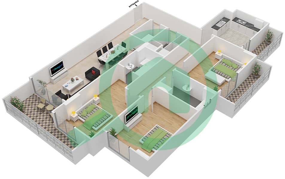 杰纳恩大道 - 3 卧室公寓单位402 H戶型图 Floor 4 interactive3D