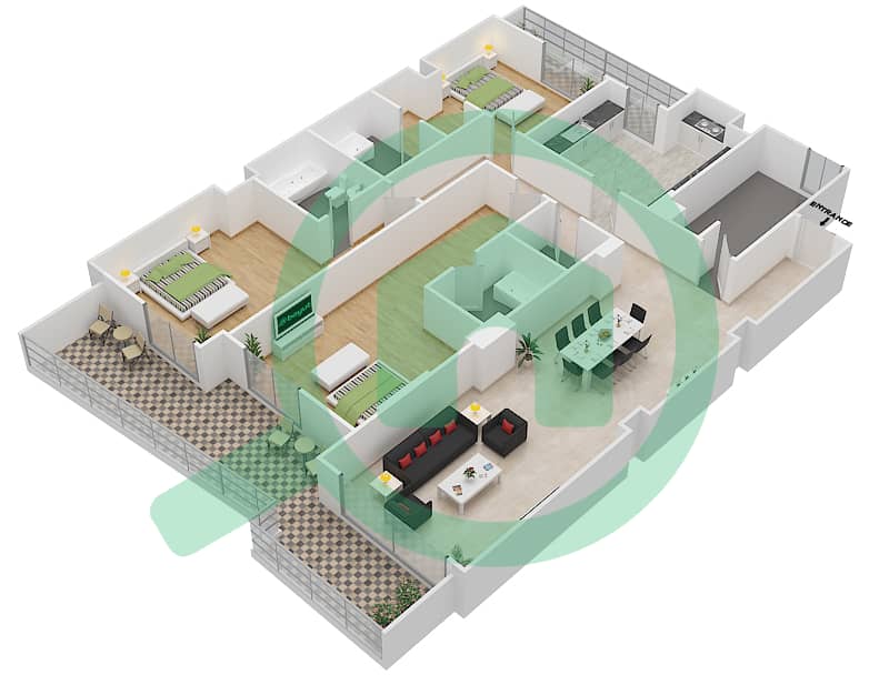 المخططات الطابقية لتصميم الوحدة 404 G شقة 3 غرف نوم - جناين أفينيو Floor 4 interactive3D