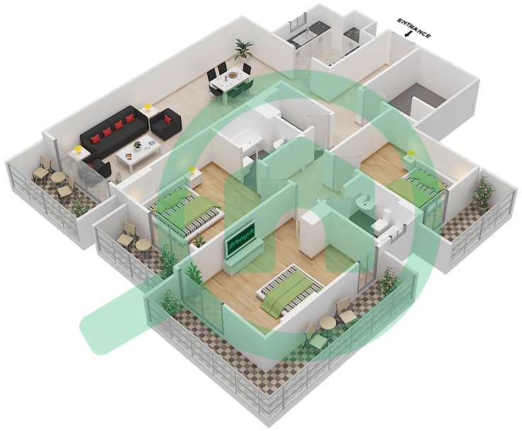 Джанаен Авеню - Апартамент 3 Cпальни планировка Единица измерения 305 H Floor 3 interactive3D