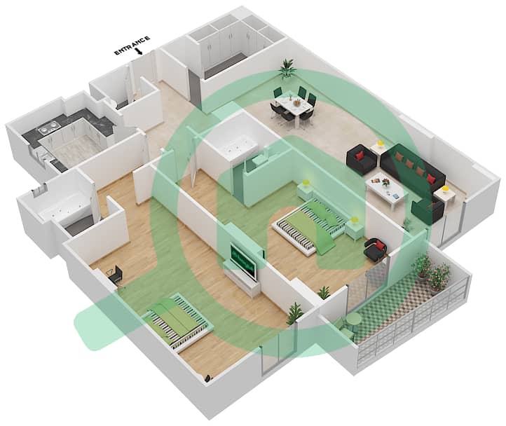 المخططات الطابقية لتصميم الوحدة 304 H شقة 2 غرفة نوم - جناين أفينيو Floor 3 interactive3D