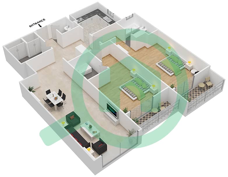 Джанаен Авеню - Апартамент 2 Cпальни планировка Единица измерения 303 H Floor 3 interactive3D