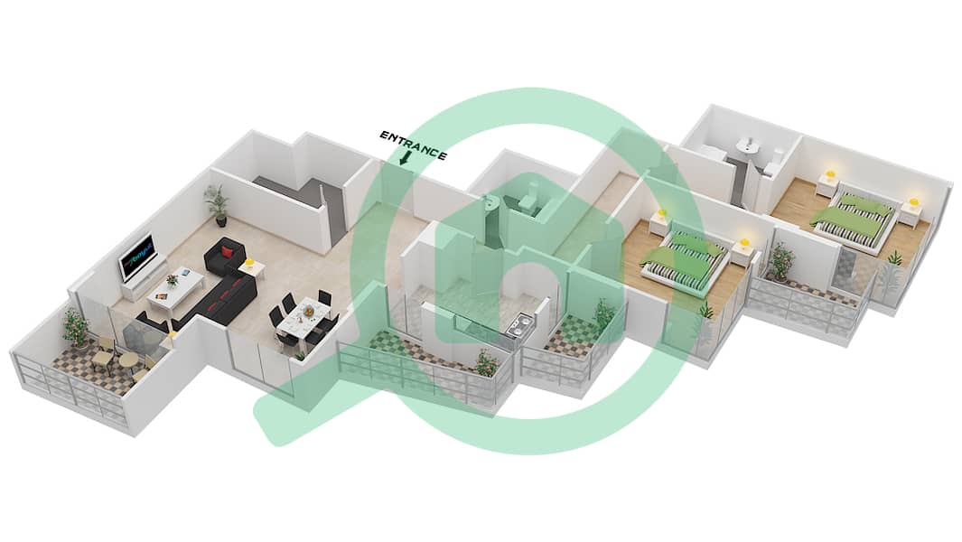 المخططات الطابقية لتصميم الوحدة 301 H شقة 2 غرفة نوم - جناين أفينيو Floor 3 interactive3D