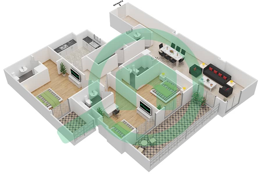 المخططات الطابقية لتصميم الوحدة 401 G شقة 3 غرف نوم - جناين أفينيو Floor 4 interactive3D