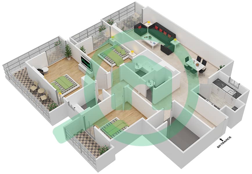 Джанаен Авеню - Апартамент 3 Cпальни планировка Единица измерения 205 H Floor 2 interactive3D