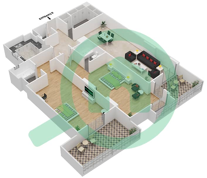 المخططات الطابقية لتصميم الوحدة 204 H شقة 2 غرفة نوم - جناين أفينيو Floor 2 interactive3D