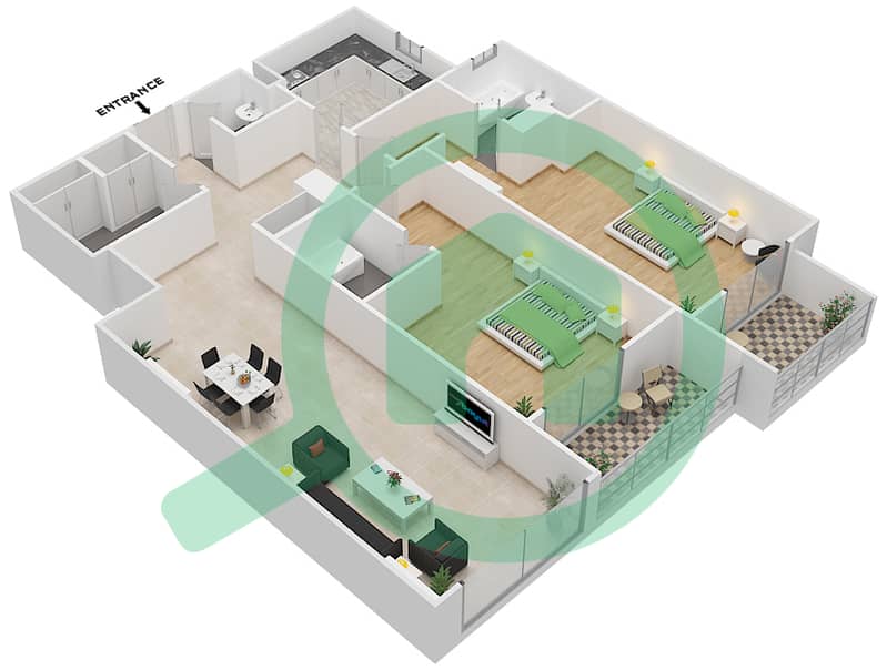 المخططات الطابقية لتصميم الوحدة 203 H شقة 2 غرفة نوم - جناين أفينيو Floor 2,4 interactive3D