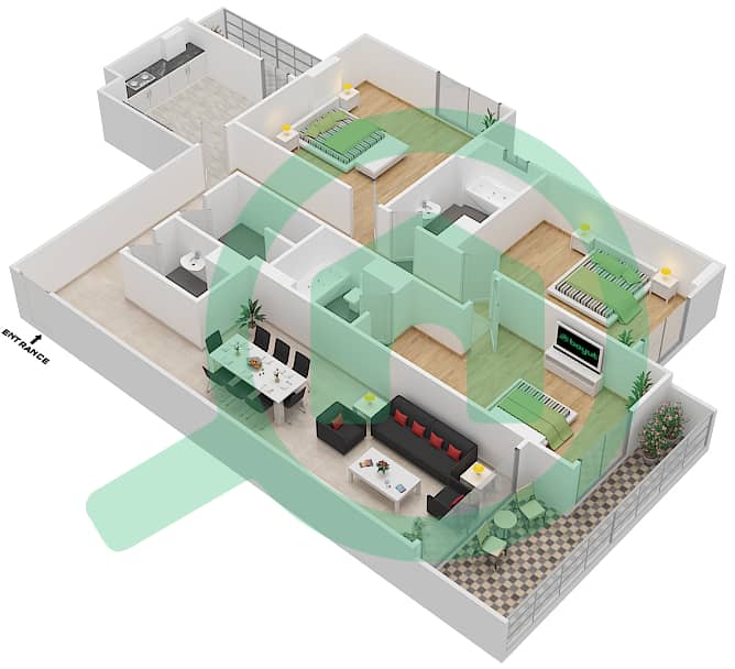 المخططات الطابقية لتصميم الوحدة 202 H شقة 3 غرف نوم - جناين أفينيو Floor 2 interactive3D