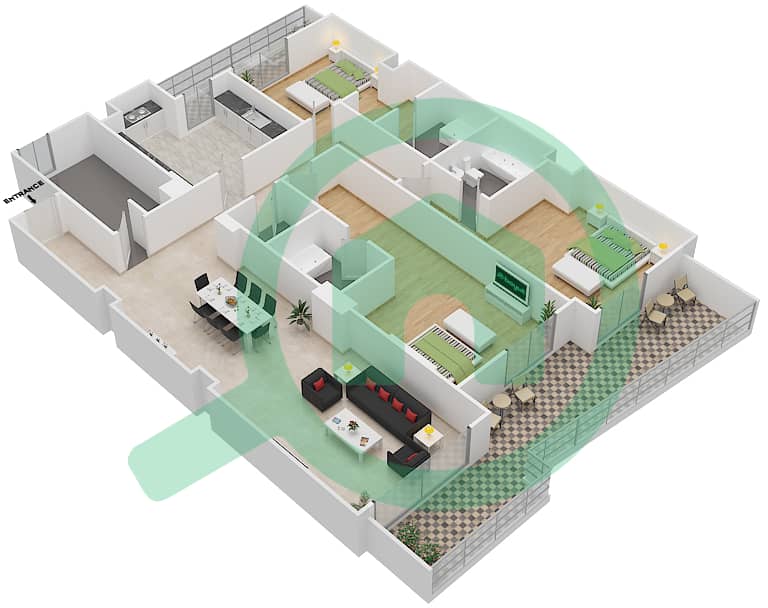 المخططات الطابقية لتصميم الوحدة 402 G شقة 3 غرف نوم - جناين أفينيو Floor 4 interactive3D