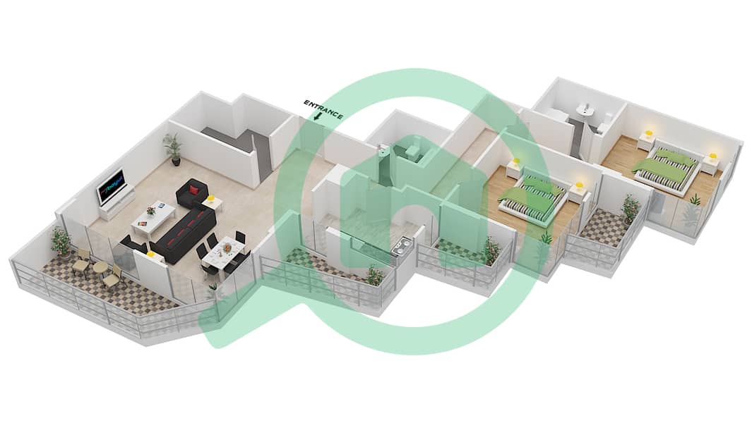杰纳恩大道 - 2 卧室公寓单位201 H戶型图 Floor 2 interactive3D