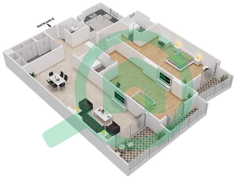 Джанаен Авеню - Апартамент 2 Cпальни планировка Единица измерения 106 H Floor 1 interactive3D