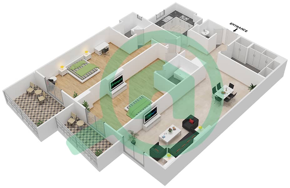 المخططات الطابقية لتصميم الوحدة 104 H شقة 2 غرفة نوم - جناين أفينيو Floor 1 interactive3D