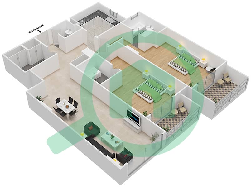 المخططات الطابقية لتصميم الوحدة 103 H شقة 2 غرفة نوم - جناين أفينيو Floor 1 interactive3D