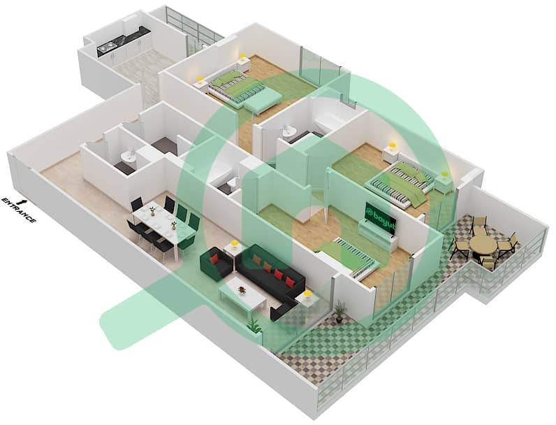 المخططات الطابقية لتصميم الوحدة 102 H شقة 3 غرف نوم - جناين أفينيو Floor 1,3 interactive3D
