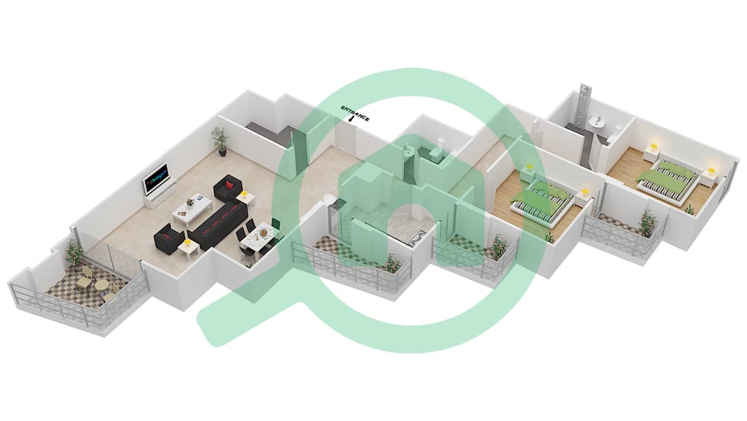 المخططات الطابقية لتصميم الوحدة 101 H شقة 2 غرفة نوم - جناين أفينيو Floor 1 interactive3D