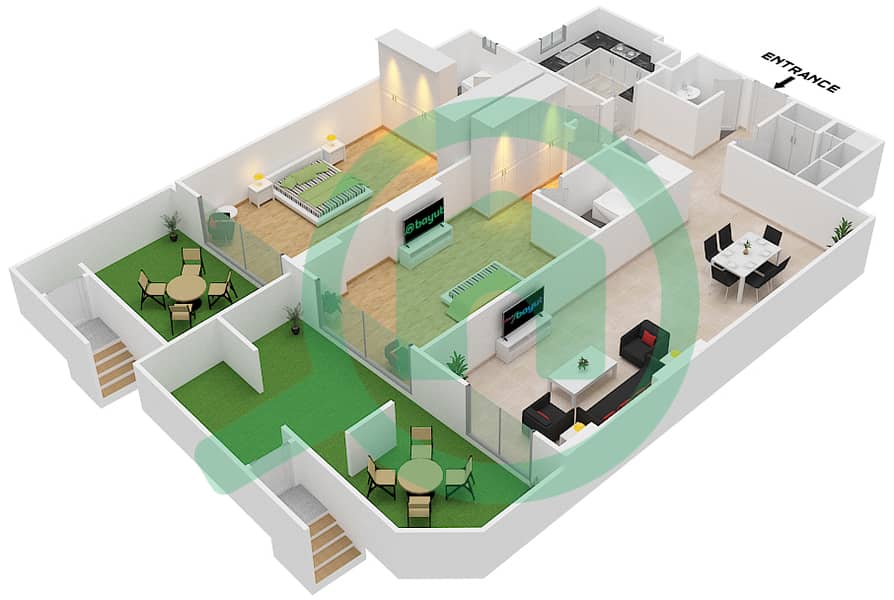 المخططات الطابقية لتصميم الوحدة 4 H شقة 2 غرفة نوم - جناين أفينيو Ground Floor interactive3D