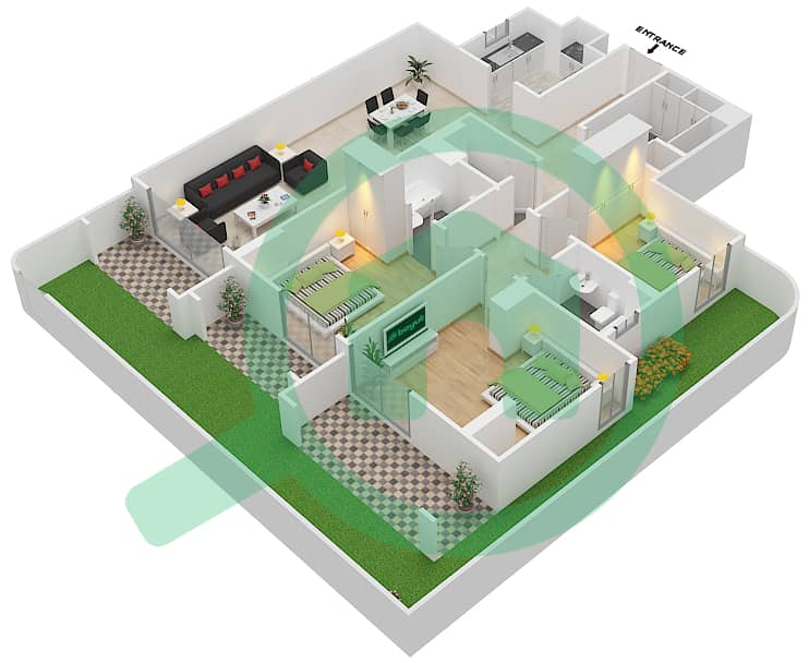 المخططات الطابقية لتصميم الوحدة 5 H شقة 3 غرف نوم - جناين أفينيو Ground Floor interactive3D