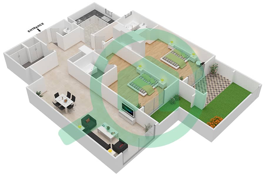 Джанаен Авеню - Апартамент 2 Cпальни планировка Единица измерения 3 H Ground Floor interactive3D