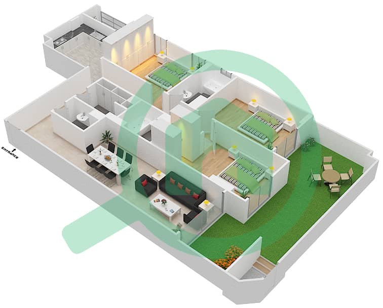 المخططات الطابقية لتصميم الوحدة 2 H شقة 3 غرف نوم - جناين أفينيو Ground Floor interactive3D