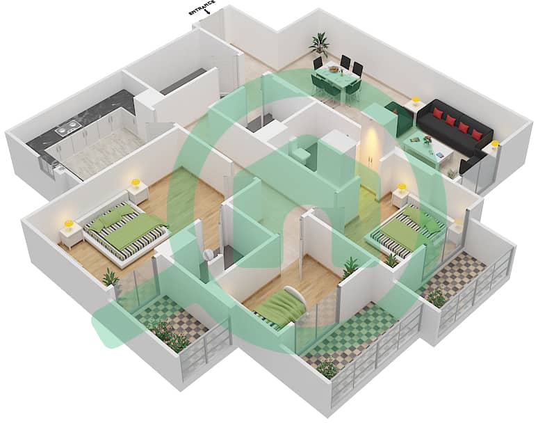 Джанаен Авеню - Апартамент 3 Cпальни планировка Единица измерения 415 C Floor 4 interactive3D