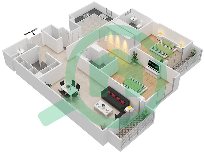 Джанаен Авеню - Апартамент 2 Cпальни планировка Единица измерения 413 C Floor 4 interactive3D