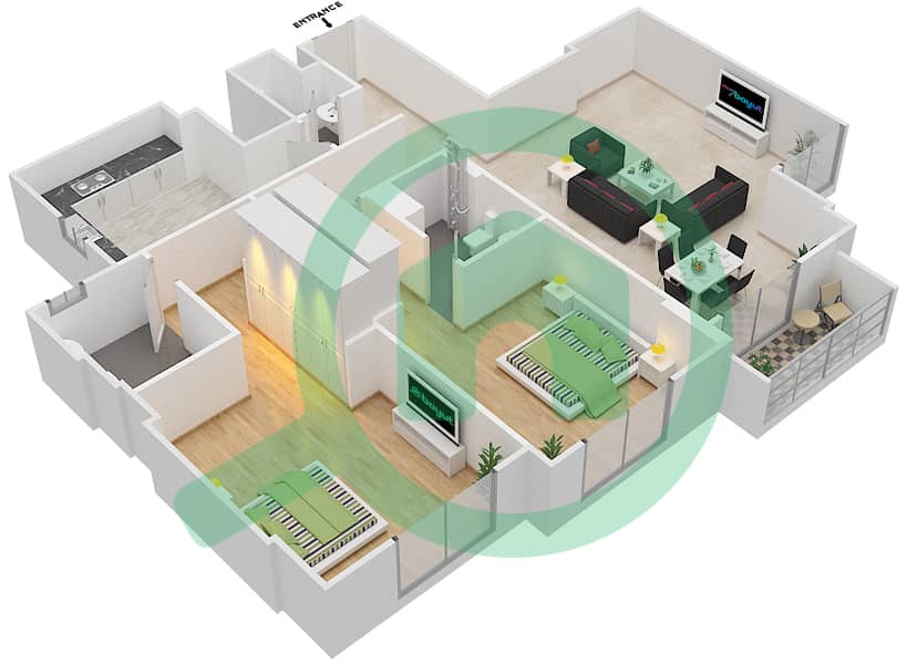 المخططات الطابقية لتصميم الوحدة 411 C شقة 2 غرفة نوم - جناين أفينيو Floor 4 interactive3D