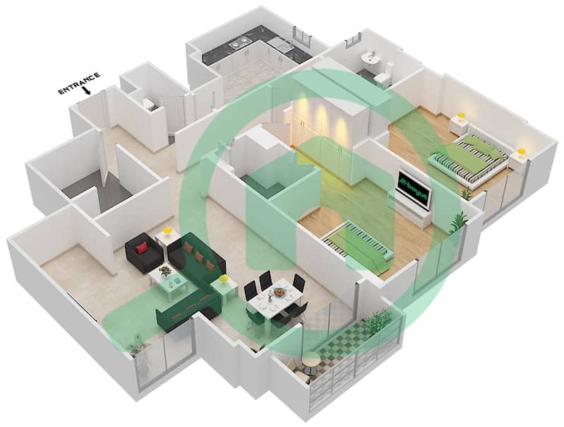 Джанаен Авеню - Апартамент 2 Cпальни планировка Единица измерения 402 C Floor 4 interactive3D