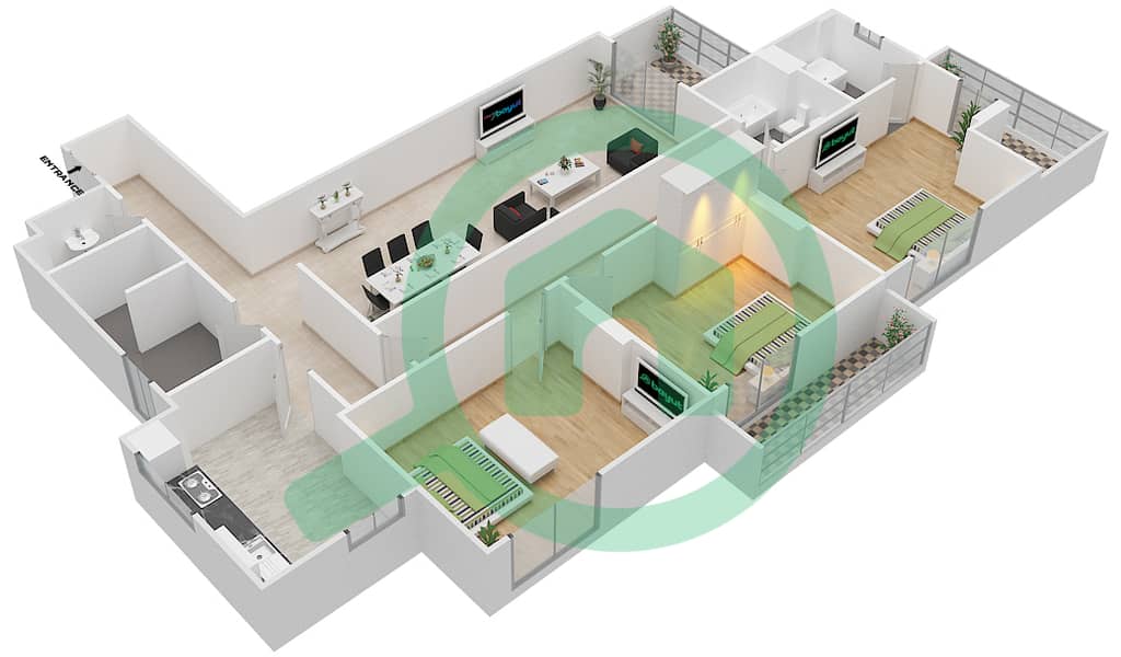 Джанаен Авеню - Апартамент 3 Cпальни планировка Единица измерения 406 C Floor 4 interactive3D