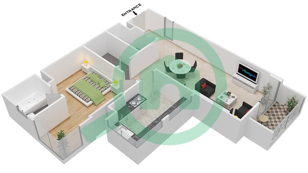 المخططات الطابقية لتصميم الوحدة 408 C شقة 1 غرفة نوم - جناين أفينيو Floor 4 interactive3D