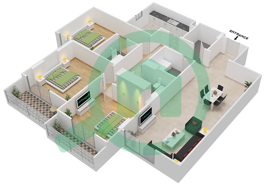 Джанаен Авеню - Апартамент 3 Cпальни планировка Единица измерения 407 C Floor 4 interactive3D