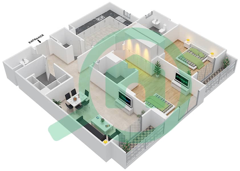 المخططات الطابقية لتصميم الوحدة 405 C شقة 2 غرفة نوم - جناين أفينيو Floor 4 interactive3D