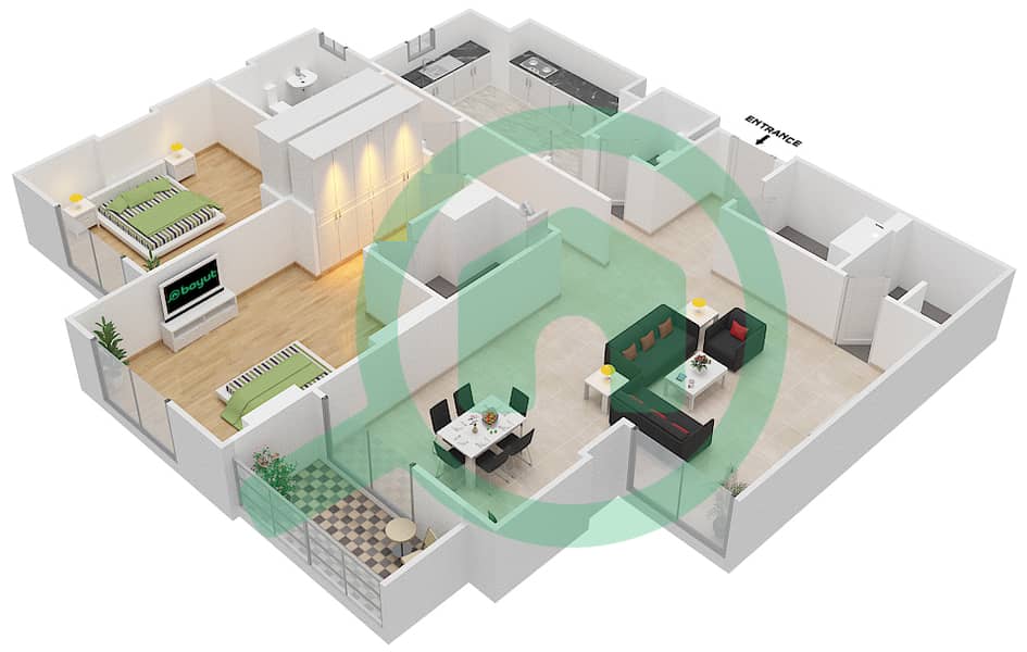 المخططات الطابقية لتصميم الوحدة 403 C شقة 2 غرفة نوم - جناين أفينيو Floor 4 interactive3D