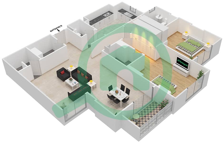 المخططات الطابقية لتصميم الوحدة 410 C شقة 2 غرفة نوم - جناين أفينيو Floor 4 interactive3D