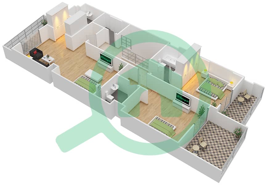 المخططات الطابقية لتصميم الوحدة 6 G شقة 3 غرف نوم - جناين أفينيو First Floor interactive3D