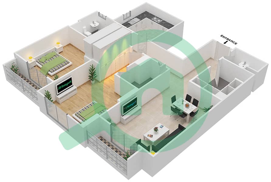 المخططات الطابقية لتصميم الوحدة 412 C شقة 2 غرفة نوم - جناين أفينيو Floor 4 interactive3D