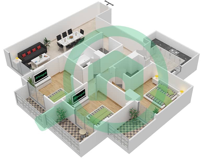 Джанаен Авеню - Апартамент 3 Cпальни планировка Единица измерения 414 C Floor 4 interactive3D