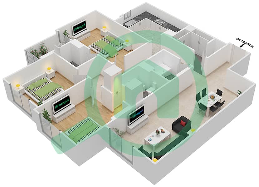 المخططات الطابقية لتصميم الوحدة 315 C شقة 3 غرف نوم - جناين أفينيو Floor 3 interactive3D