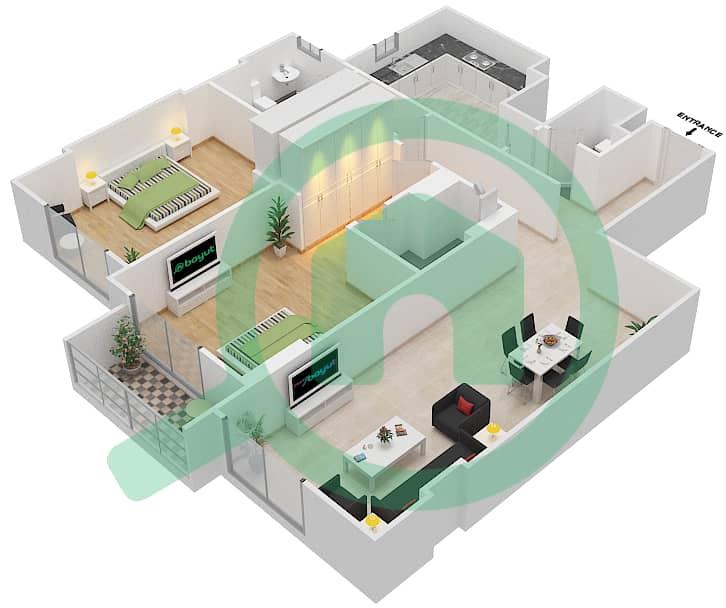 المخططات الطابقية لتصميم الوحدة 311 C شقة 2 غرفة نوم - جناين أفينيو Floor 3 interactive3D