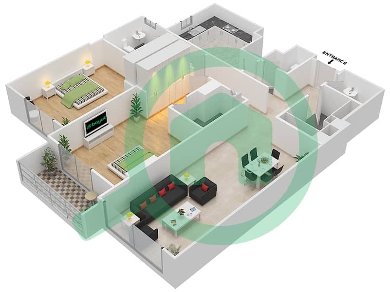 المخططات الطابقية لتصميم الوحدة 304 C شقة 2 غرفة نوم - جناين أفينيو Floor 3 interactive3D