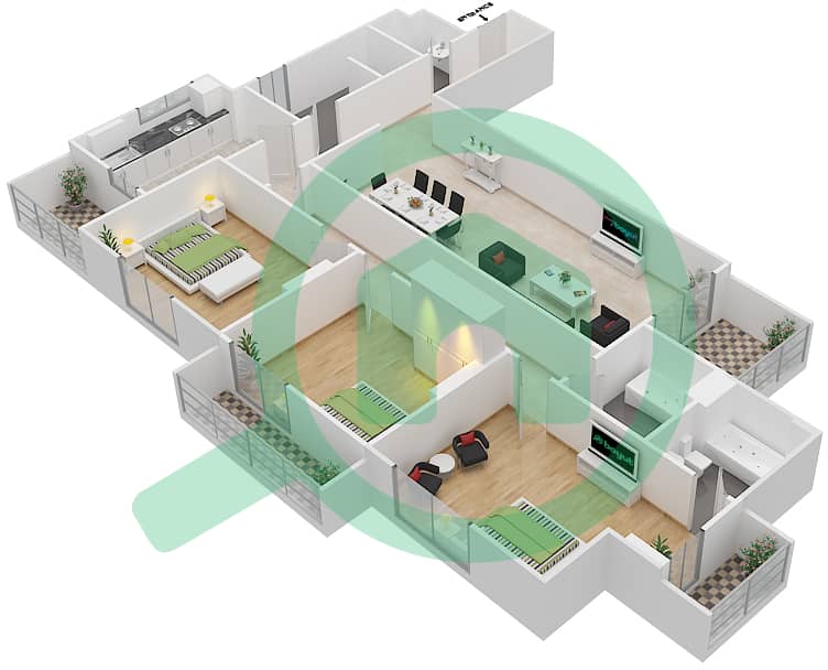 المخططات الطابقية لتصميم الوحدة 309 C شقة 3 غرف نوم - جناين أفينيو Floor 3 interactive3D
