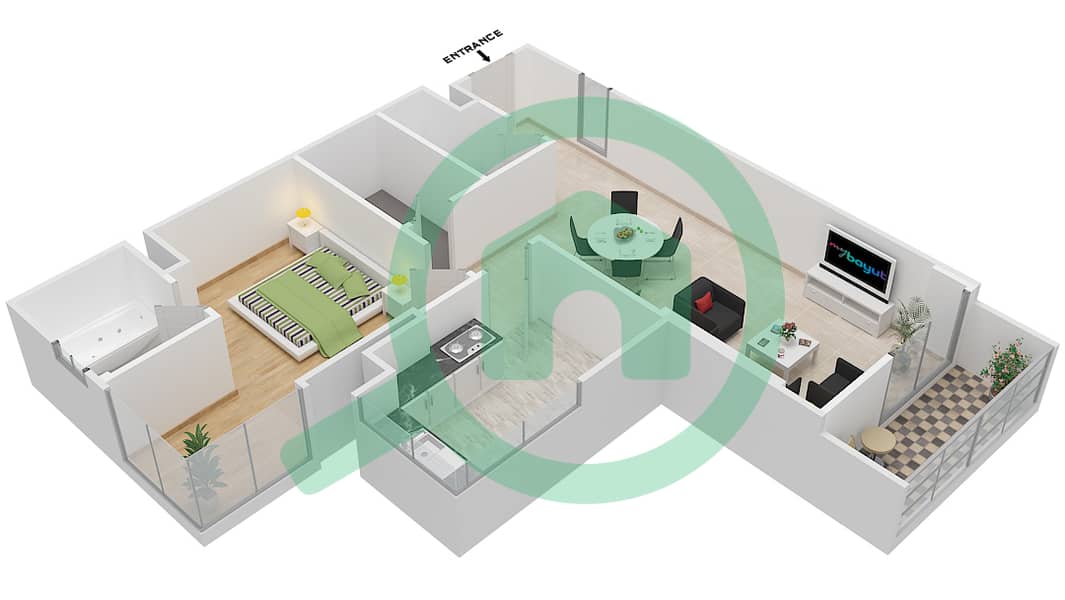 المخططات الطابقية لتصميم الوحدة 307 C شقة 1 غرفة نوم - جناين أفينيو Floor 3 interactive3D