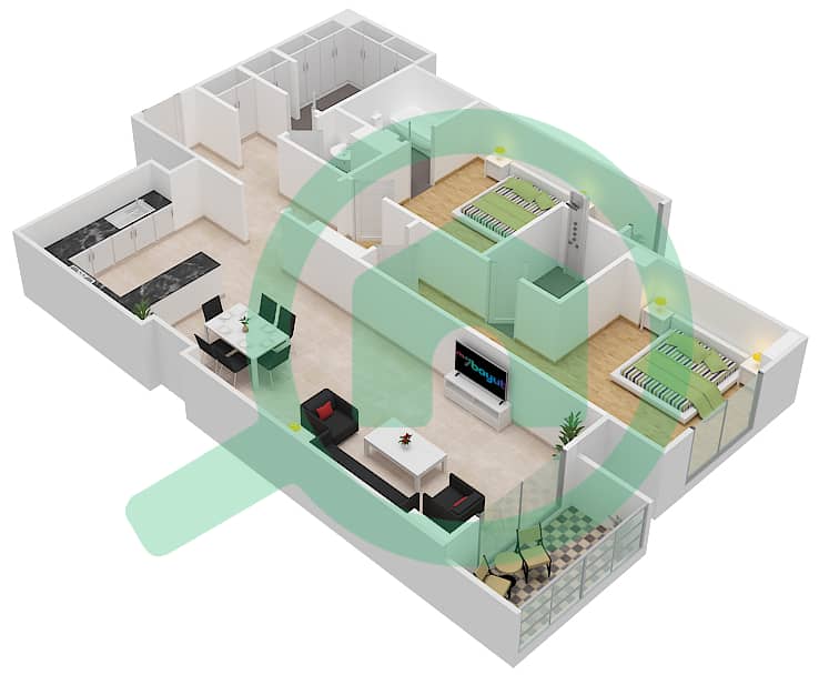Джанаен Авеню - Апартамент 2 Cпальни планировка Единица измерения 308 C Floor 3 interactive3D