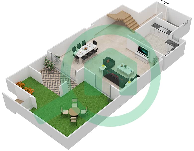 المخططات الطابقية لتصميم الوحدة 5 G شقة 3 غرف نوم - جناين أفينيو Ground Floor interactive3D