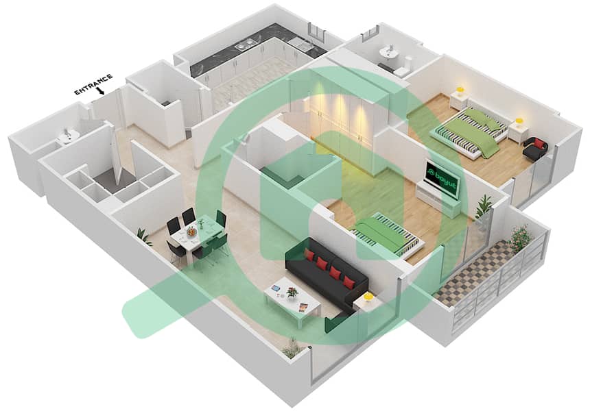 Джанаен Авеню - Апартамент 2 Cпальни планировка Единица измерения 303 C Floor 3 interactive3D