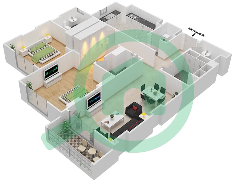 المخططات الطابقية لتصميم الوحدة 301 C شقة 2 غرفة نوم - جناين أفينيو Floor 3 interactive3D