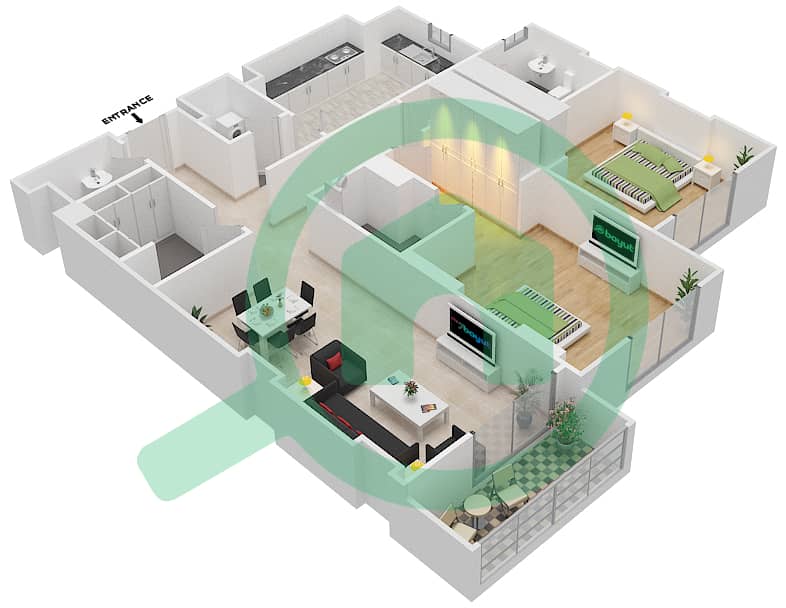المخططات الطابقية لتصميم الوحدة 310 C شقة 2 غرفة نوم - جناين أفينيو Floor 3 interactive3D