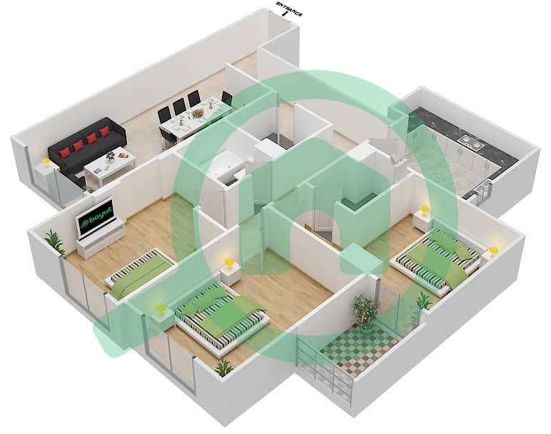 المخططات الطابقية لتصميم الوحدة 314 C شقة 3 غرف نوم - جناين أفينيو Floor 3 interactive3D